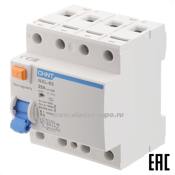 К9790. Устройство защитного отключения NХL-63  280789 (тип АС) 25А-30мА 400В 3P+N 6кА (CHINT)