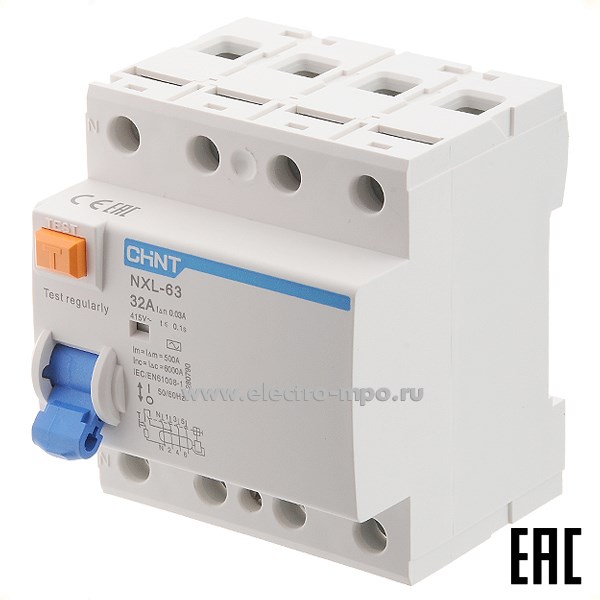 К9791. Устройство защитного отключения NХL-63  280790 (тип АС) 32А-30мА 400В 3P+N 6кА (CHINT)