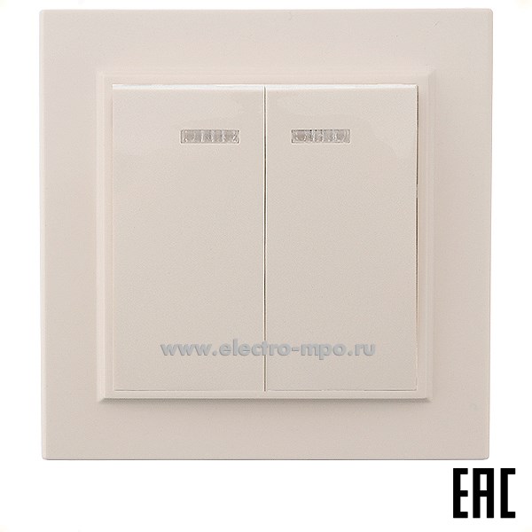 Ю1145. Выключатель Эрна 39229 PSW10-9002-02 2-клавишный с индикатором 250В 10А слоновая кость (Stekker)