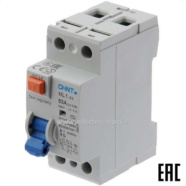 К9749. Устройство защитного отключения NL1-63  200214 (тип АС) 63А-30мА 240В 1P+N 6кА (CHINT)