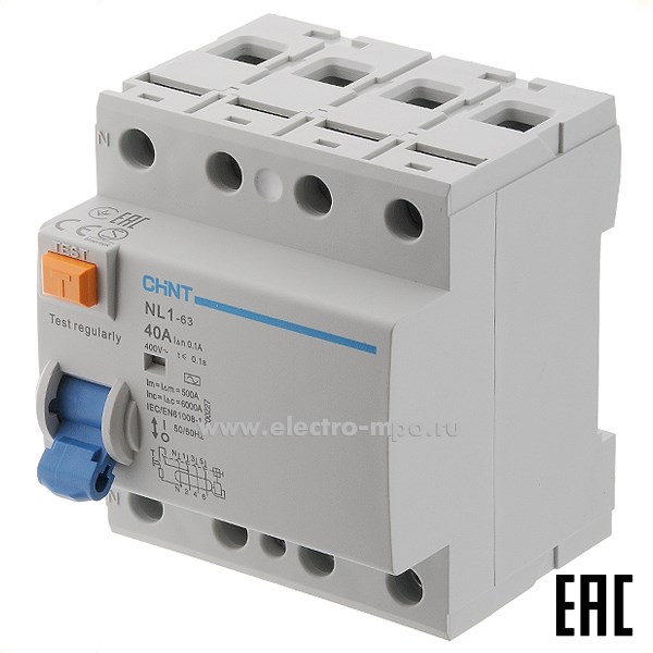 К9755. Устройство защитного отключения NL1-63  200227 (тип АС) 40А-100мА 400В 3P+N 6кА (CHINT)