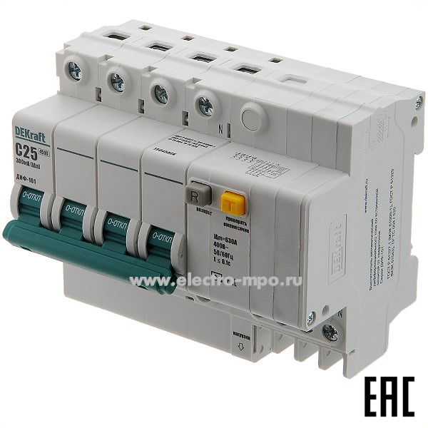 А2146. Дифф. автомат ДИФ101-4Р-025А-300-C 15045DEK (тип АС) 25А-300мА 400В 4P 4,5кА (DEKraft)
