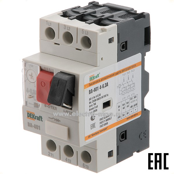 43077.А3077 Автоматический выключатель ВА401-4A-6.3A 21205DEK 4,0-6,3А для двигателей 50кА (DEKraft)
