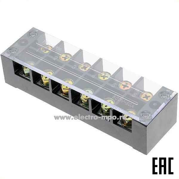 К4833. Блок TBC-6006 клеммный 6 пар винтовых клемм 6,0 кв.мм с прозр. крышкой (Ruichi Китай)