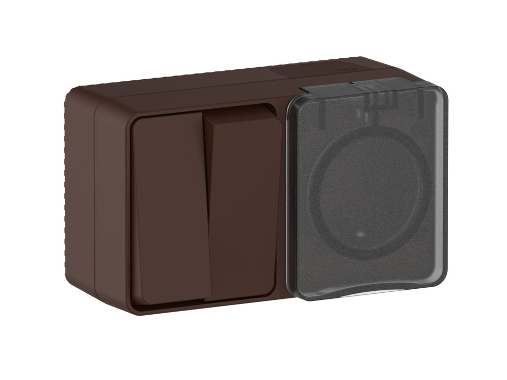 Ю5342. Блок AtlasDesign Profi54 ATN546074 (выкл. 2кл.+роз."евр" со штор.) IP54 о/п коричневый (Systeme)