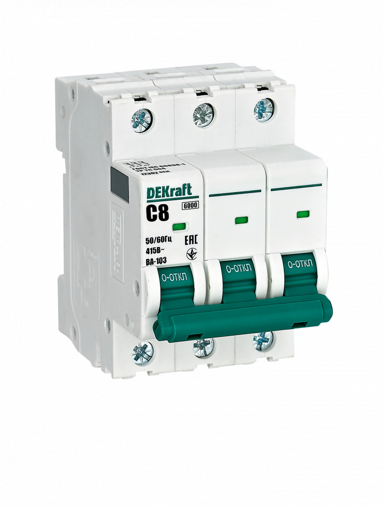 А05. Автоматический выключатель ВА-103-3P-8A-C 12302DEK С8А/3п/ 6кА на Din-рейку (DEKraft)