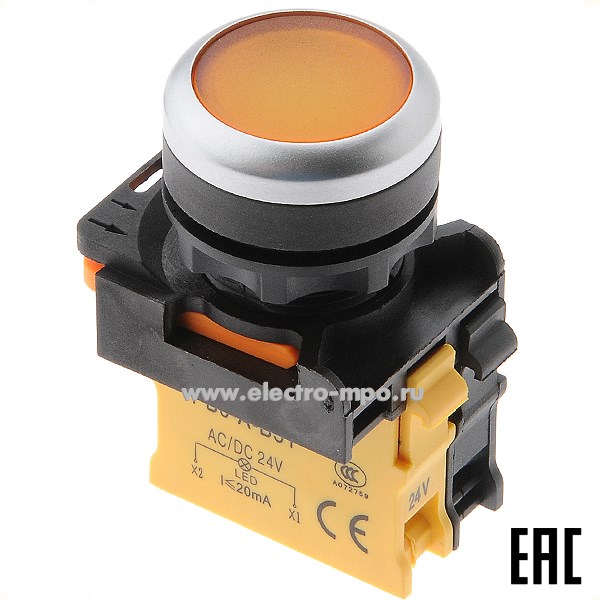 А5120. Выключатель кнопочный PB0-AW35B5 желтый 1з без фиксации, с подсветкой 24В AC/DC IP65 (Plastim)