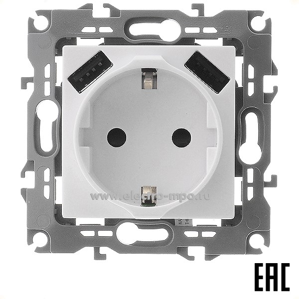 Ю3031. Механизм Эра12 12-4109-01 Б0047840 розетки "евро" со шторк. + 2хUSB 5В-3А с/п белый (Эра)