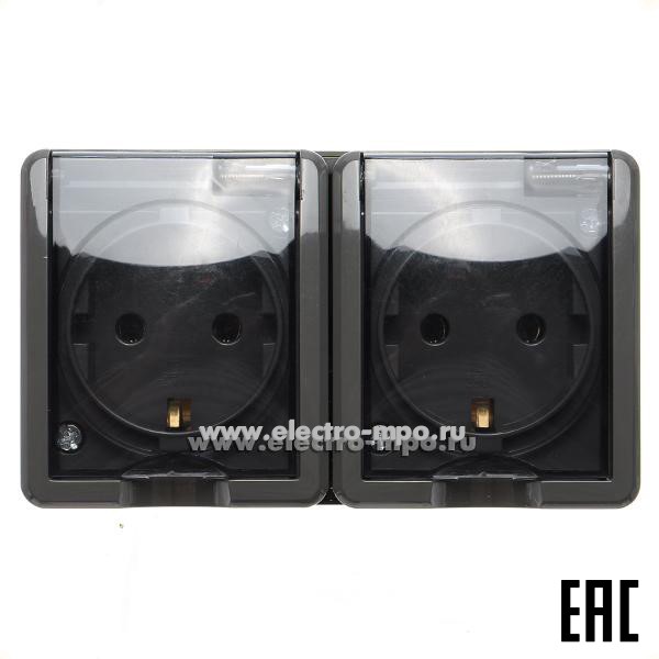 Ю2477. Розетка Эксперт 11-2403-03 Б0020717 "евр" двойная с прозрачными крышками о/п IP54 серая (ЭРА)