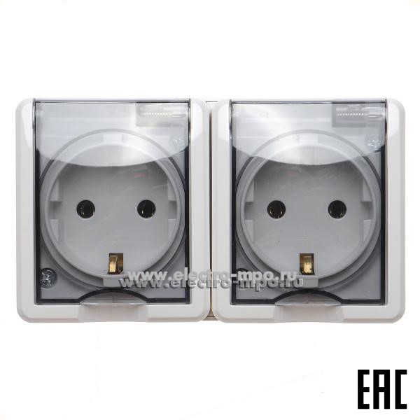 Ю2462. Розетка Эксперт 11-2403-01 Б0020716 "евр" двойная с прозрачными крышками о/п IP54 белая (ЭРА)