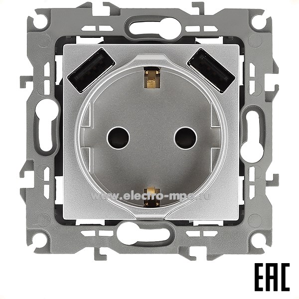 Ю3128. Механизм Эра12 12-4109-03 Б0047842 розетки "евро" со шторк. + 2хUSB 5В-3А с/п алюминий (Эра)