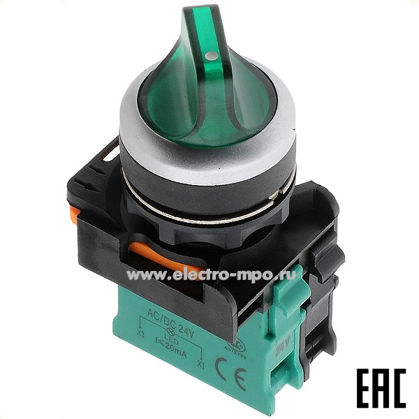 А5140. Выключатель поворотный PB0-AK123B5 зеленый 2 положения 1з c фиксацией, с подсветкой 24В AC/DC IP65