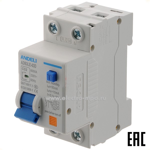 А2544. Диф. авт. выкл. ADB3LE-63D 1P+N 32А 30мА (тип AС), х-ка С, 6кА ADL02-077  (ANDELI)