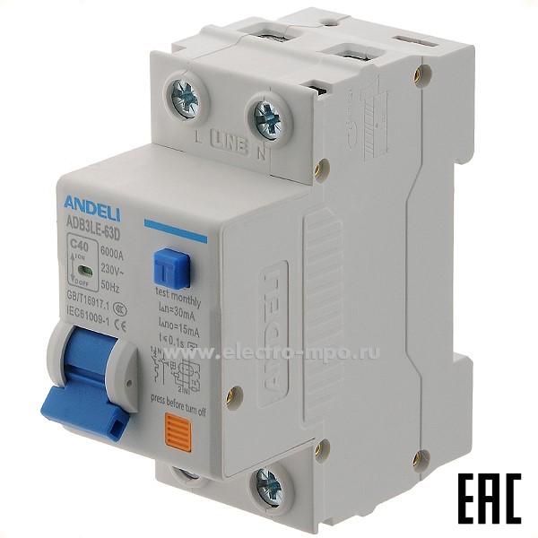 А2545. Диф. авт. выкл. ADB3LE-63D 1P+N 40А 30мА (тип AС), х-ка С, 6кА ADL02-078  (ANDELI)