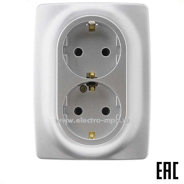 Ю3113. Розетка Эра12 12-2106-03 Б0031230 "евро" двойная безвинт. зажимы с/п алюминий (Эра)