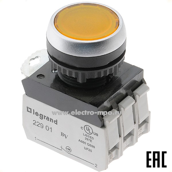 К9013. Выключатель кнопочный 023754 желтый 1з+1р без фиксации с подсветкой 24В (Legrand)