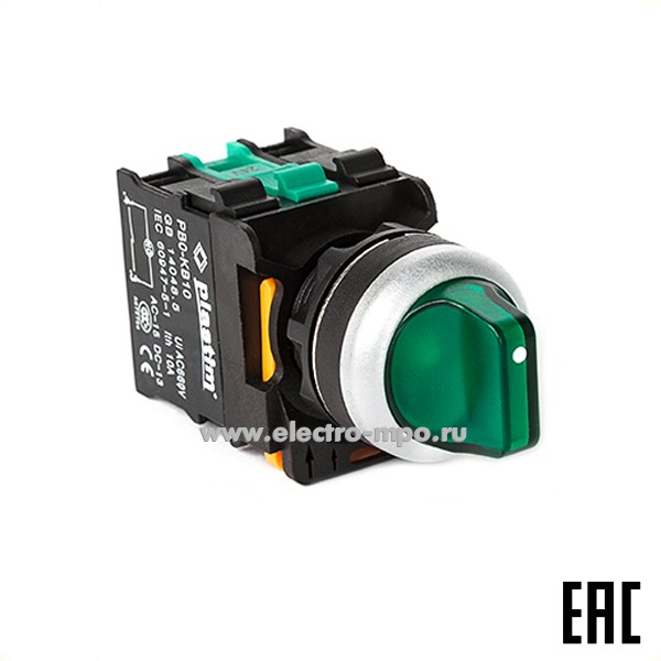 А5143. Выключатель поворотный PB0-AK133B5 зеленый 3 положения 2з c фиксацией, с подсветкой 24В AC/DC IP65