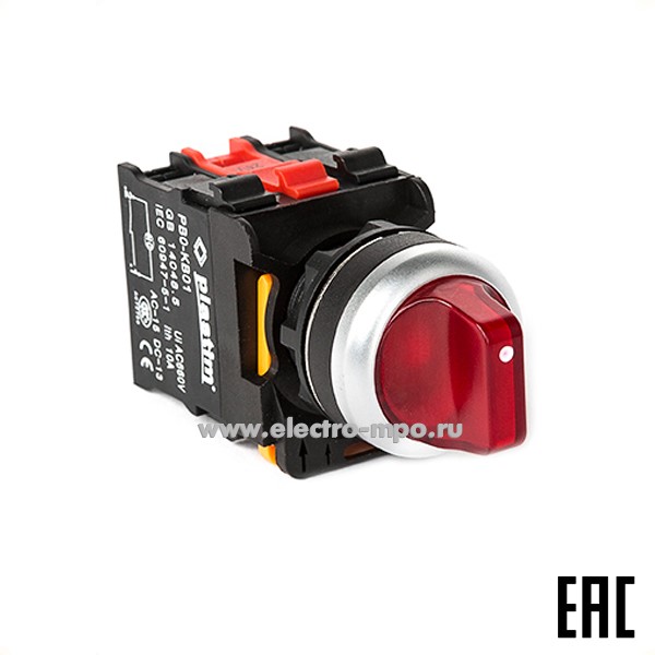 А5144. Выключатель поворотный PB0-AK134B5 красный 3 положения 2з c фиксацией, с подсветкой 24В AC/DC IP65