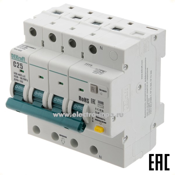 А2269. Дифф. автомат ДИФ103  16421DEK (тип АС) 25А-300мА 400В 3P+N 5мод. 6,0кА х-ка С (DEKraft)