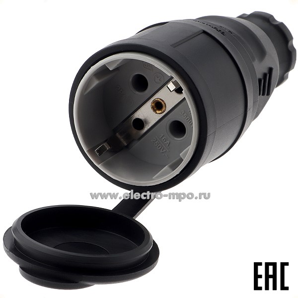 Р6668. Розетка 111-004 кабельная прямая с крышкой "евро" влагозащищенная каучук IP44 16А (Rexant)