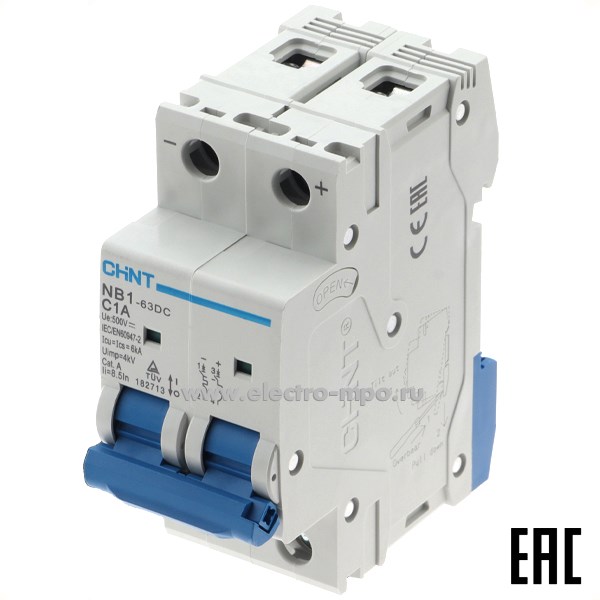 К8064. Автоматический выключатель 182713  NB1-63DC C1А/2п/ 6кА на Din-рейку (CHINT)