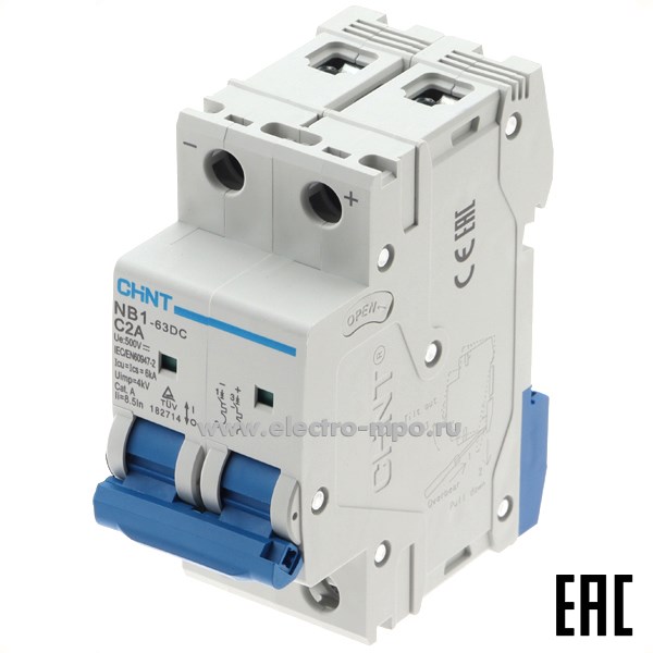 К8065. Автоматический выключатель 182714  NB1-63DC C2А/2п/ 6кА на Din-рейку (CHINT)