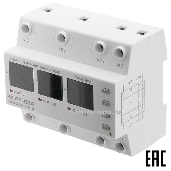 А3374. Реле переключения фаз RE PF-63A 50-400В 63А Umin120-200В/Umax210-270В (ROSTOKELECTRO)