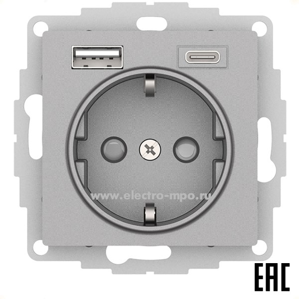 Ю4187. Механизм AtlasDesign ATN000332 розетки "евро" + 2хUSB тип А, С алюминий (Systeme Electric)