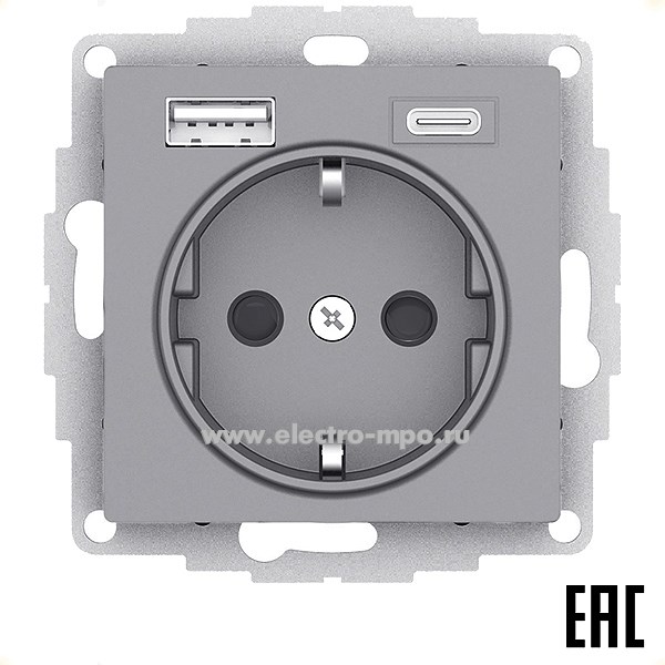 Ю47. Механизм AtlasDesign ATN000932 розетки "евро" + 2хUSB тип А, С сталь (Systeme Electric)