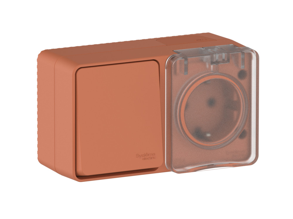 Ю5352. Блок AtlasDesign Profi54 ATN547070 (выкл. 1кл.+роз."евр" со штор.)  IP54 о/п терракотовый (SE)