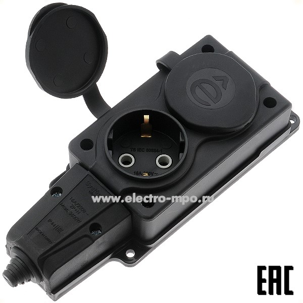 Р6695. Блок MST4102BK 2х "евр" 2К+З 16А 250В каучуковый черный IP44 (Systeme Electric)