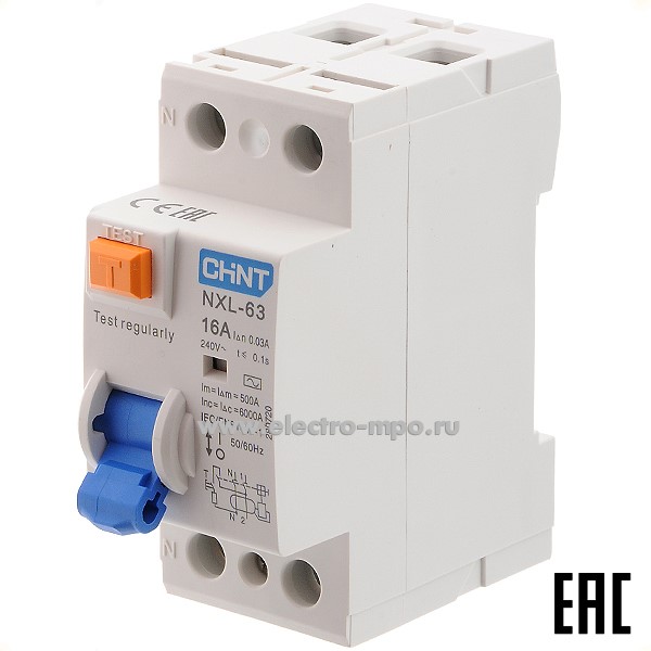 К9782. Устройство защитного отключения NХL-63  280720 (тип АС) 16А-30мА 240В 1P+N 6кА (CHINT)