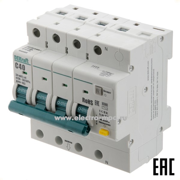 А2257. Дифф. автомат ДИФ103  16405DEK (тип АС) 40А-30мА 400В 3P+N 5мод. 6,0кА х-ка С (DEKraft)