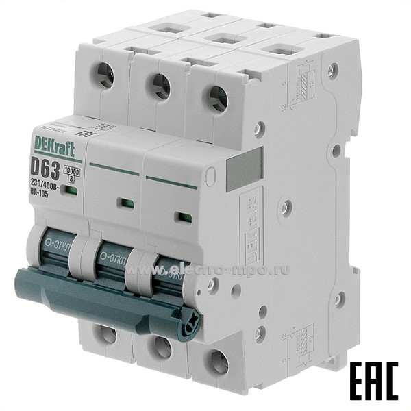 А0183. Автоматический выключатель ВА105-3P-063А-D 13231DEK D63А/3п/ 10кА на Din-рейку (DEKraft)