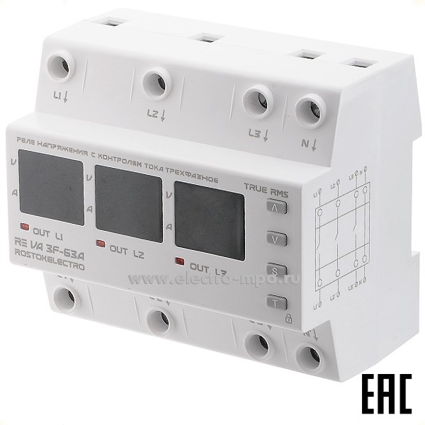А7625. Реле напряжения RE VA3F-63A 380В Umin120-200В/Umax210-270В 63А 3P+N (ROSTOKELECTRO)