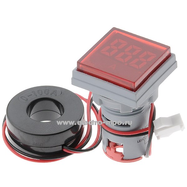 Б1833. Амперметр цифровой DMS-225  0-100А, 30х30 мм, уст. диам. 22 мм, индикация - красный (Ruichi Китай)
