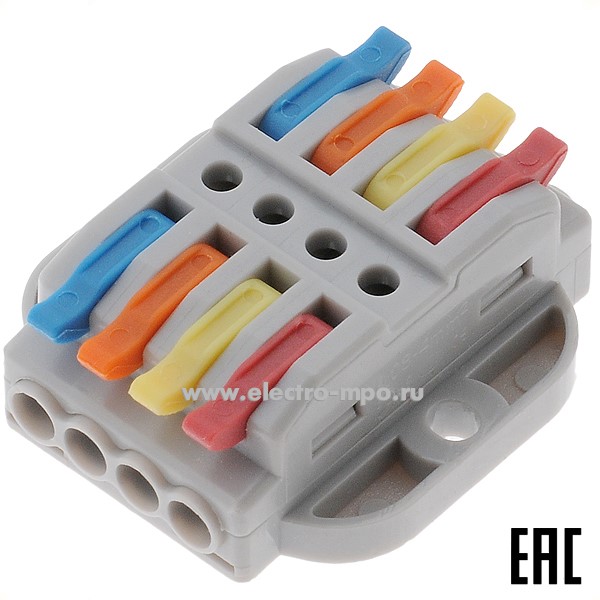 К42. Клемма 07-6264 СМК 222-424P проходная 4 полюса с монтажной площадкой (0,08-4мм2) серая (Rexant)